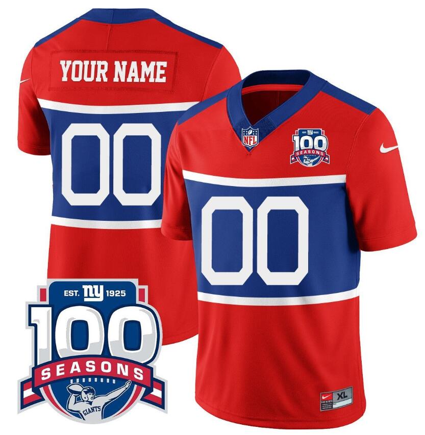Men's New York Giants Customized Century Red 100TH Season Commemorative Patch Limited Stitched Jersey